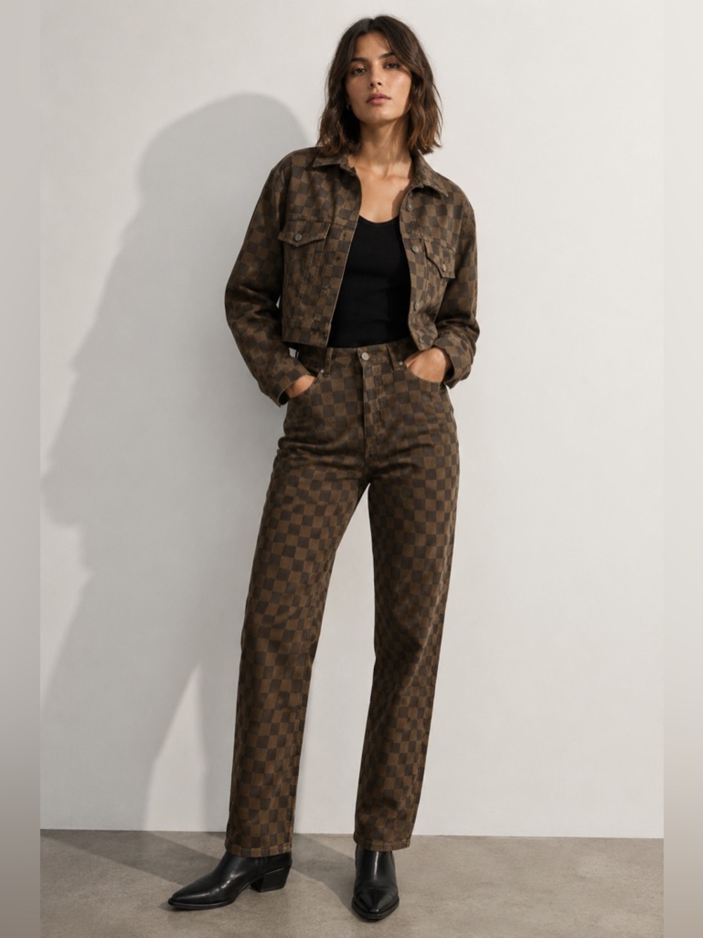 2pc Set! DIVIDED H&M Brown Checkerboard Pants Sz 10 & Jacket L